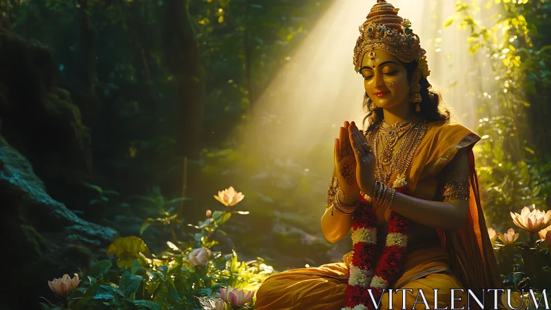 Golden goddess meditates in sunlit forest sanctuary of peace