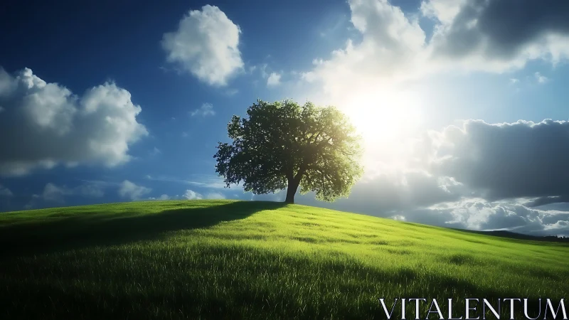Lone Tree on Sunny Hill in Lush Green Field, Photorealistic Landscape.