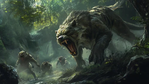 Dark Beast Confronts Cursed Forest Guardians in Mystical Gloom