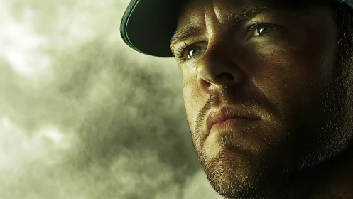 Close cropped male portrait under green cap in haze.