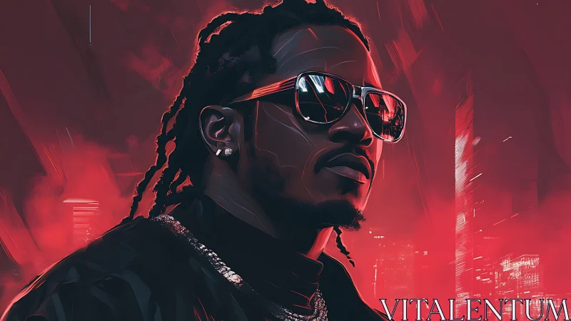 Neon red city portrait with reflective sunglasses and smoke