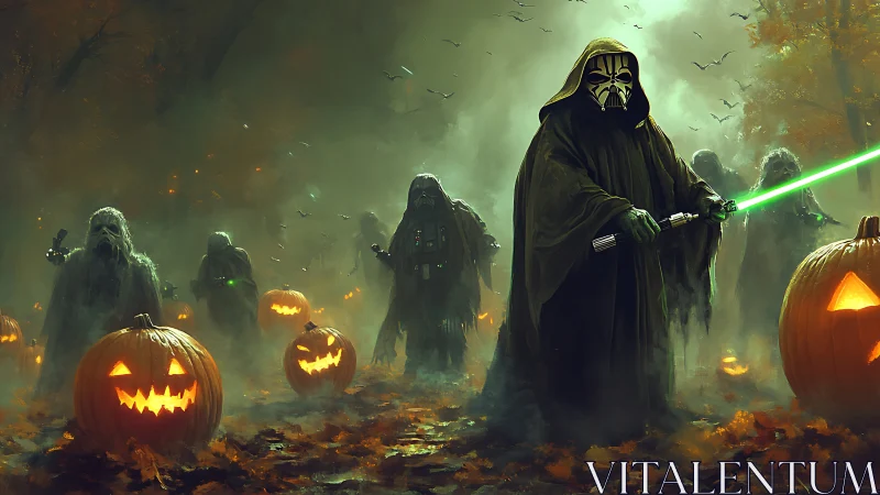 Hooded masked figures with pumpkins in misty forest scene.