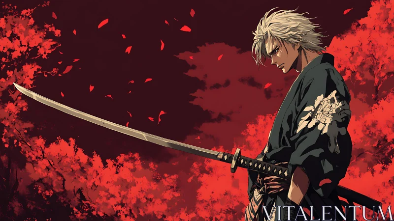 Brooding silver samurai under a storm of scarlet leaves.