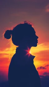 Silhouetted female profile intersects radiant sunset sunburst