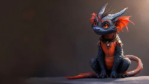 Regal baby dragon in ornate armor on smoky backdrop.