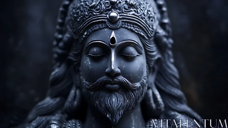 High-contrast close-up of intricately carved stone deity bust