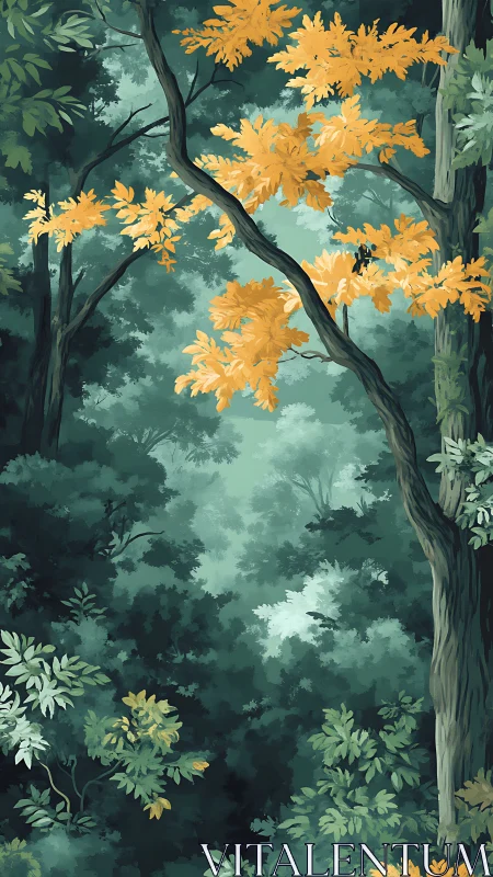 Forest Canopy: Golden Autumn Foliage Through Emerald Mist.