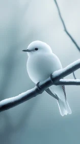 White bird perched on a frosted branch in cool tones.