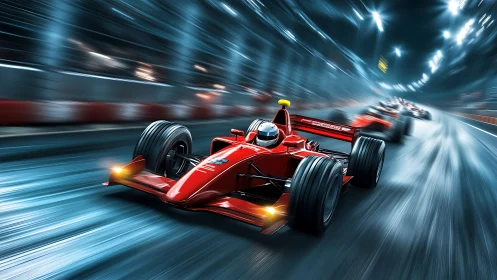 Red formula race car accelerates through illuminated night circuit