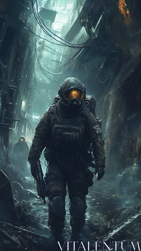 Heavily armed soldier moves through narrow dystopian alleyway