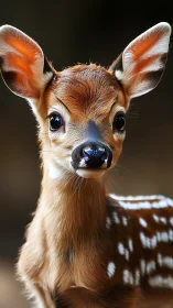 High-resolution close-up of alert spotted fawn in soft bokeh forest