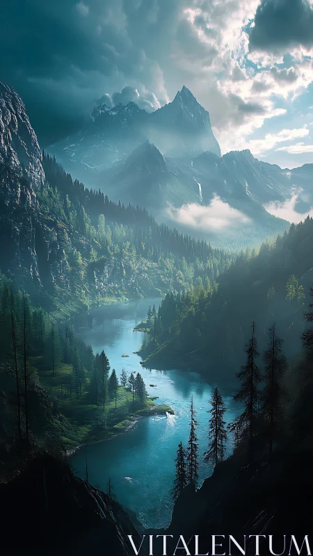 Mountain valley lake with dense conifer forest at dawn.