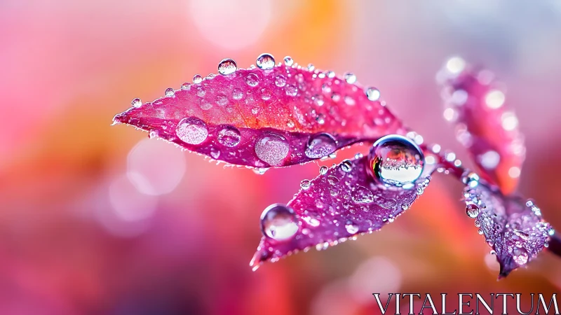 Macro analysis of dewy magenta foliage with bokeh field.