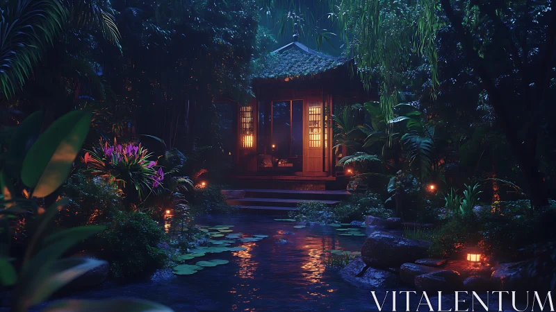 3D nocturnal pavilion amid lush illuminated water garden.