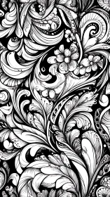 Ornate monochrome floral scrollwork with swirling botanicals.