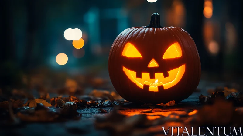 Grinning jack o lantern glows on wet leaf strewn path.