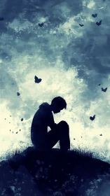 Solitary silhouette sits beneath stormy sky as butterflies rise