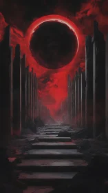 Red eclipse above ruined stone corridor at night.