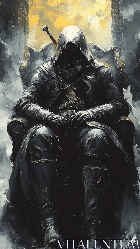 Hooded dark knight seated on throne under molten light.