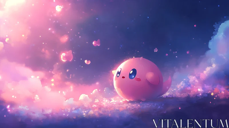 Celestial pink orb character observes glowing pastel nebula