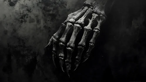 Skeletal hand emerging from dark textured background.