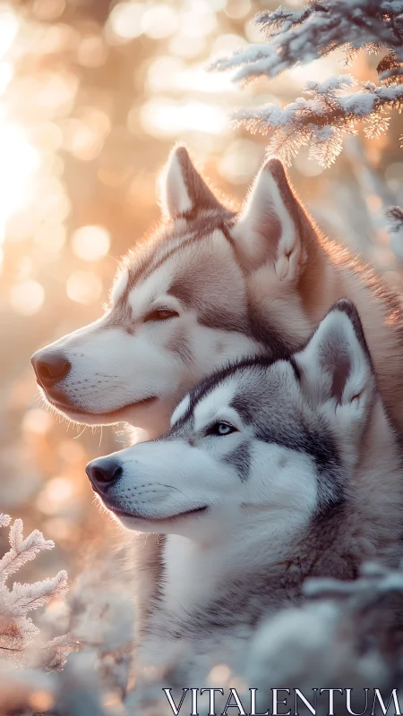 Winter-lit husky pair rendered in soft-focus photoreal detail