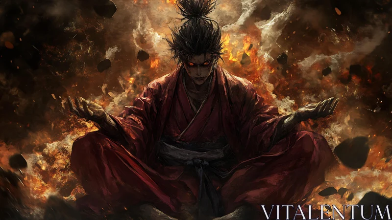 Fireborne warrior in calm meditation amid swirling chaos.