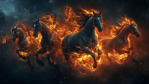 Inferno gallop of midnight warhorses across burning stormscape.