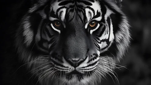 Intense tiger portrait in monochrome with amber eyes shining.