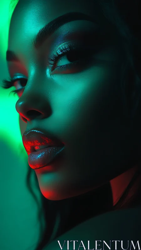 Close portrait in teal and red neon side lighting effect.