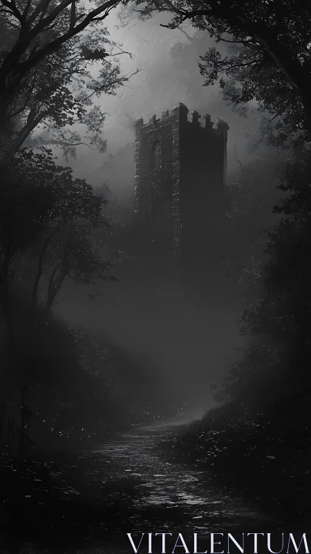 Rain-wrapped tower broods above a forsaken forest path.