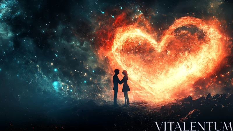 Two silhouetted figures positioned before an incandescent heart-shaped energy formation displaying l