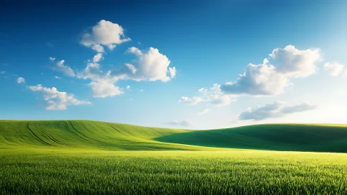 Sunlit green hills under expansive blue afternoon sky.