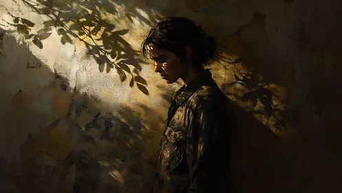 Solitary figure in dappled sunlight against textured wall.