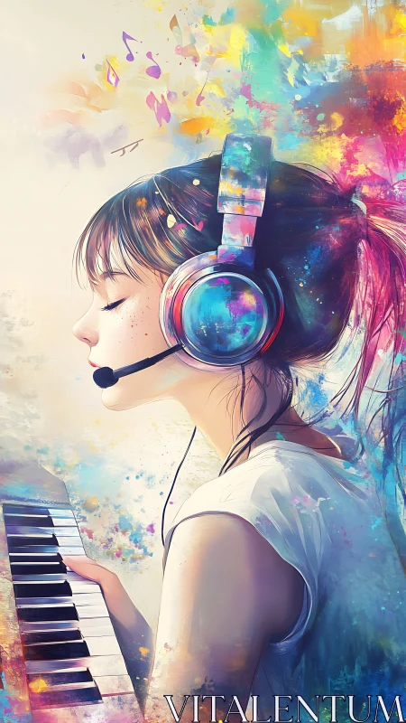 Digital painting of pianist girl with headset and chromatic splashes.