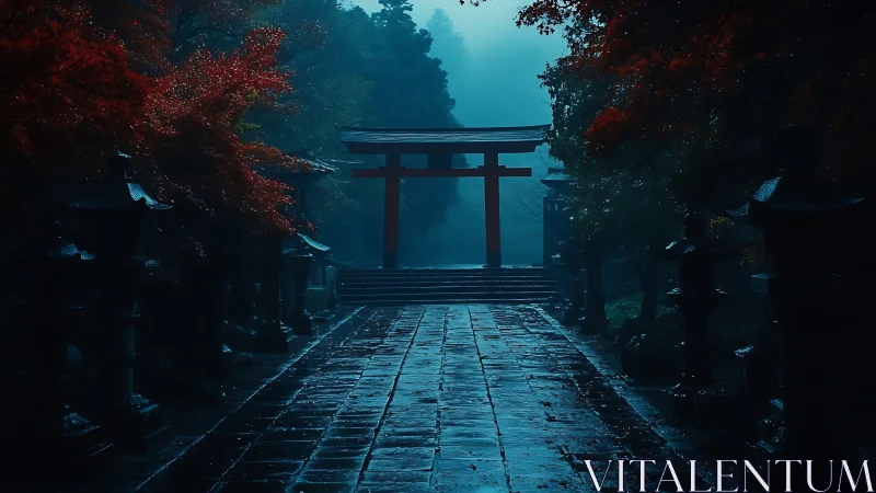 Misty stone path leading to red torii gate at twilight