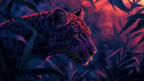 Neon-lit leopard portrait with glowing eyes in dark jungle setting