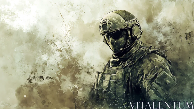 Silent armored sentinel emerging from swirling desert haze.