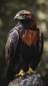 Photorealistic golden eagle portrait on rocky perch in profile.