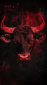Red-lit bull portrait emerges from dark splattered background