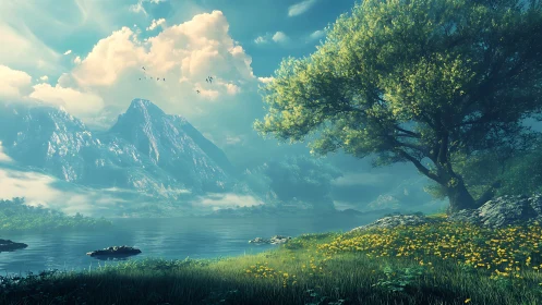 Mountain lake landscape with tree, meadow and distant peaks.