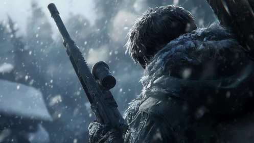 Soldier with rifle in heavy snowfall conditions.