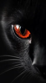Intense close-up reveals piercing orange eye of black cat.