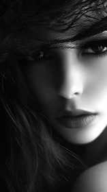 Monochrome facial close-up with veiled high-contrast lighting.