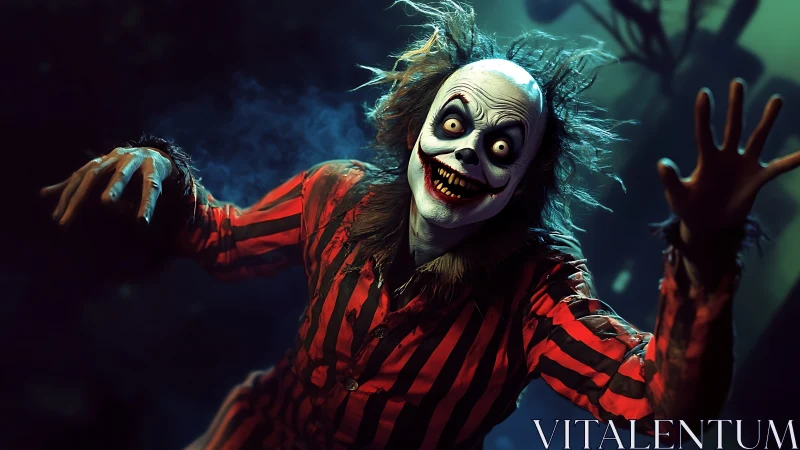 Grotesque striped-costume clown figure in dramatic lighting.