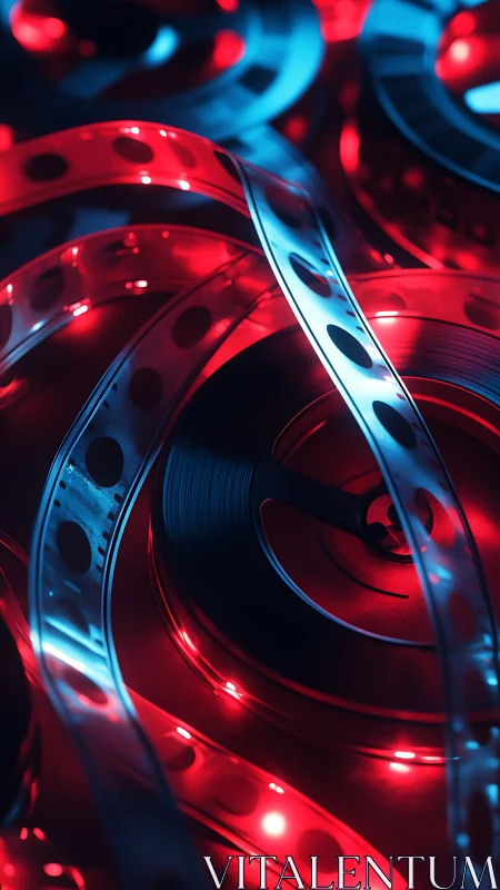 Neon-lit cinema film reels glow in electric red and blue.