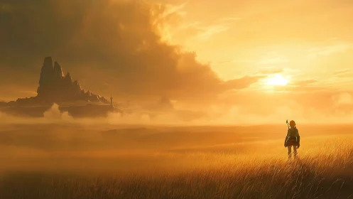 Lone adventurer in misty golden plains at glowing sunset.