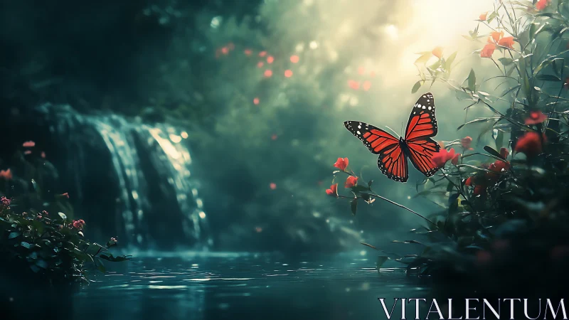 Monarch butterfly near waterfall in dreamy, ethereal forest scene.