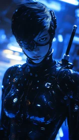 Cybernetic figure in reflective bodysuit under blue light.