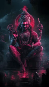 Digital painting of fiery seated deity in dark temple space.